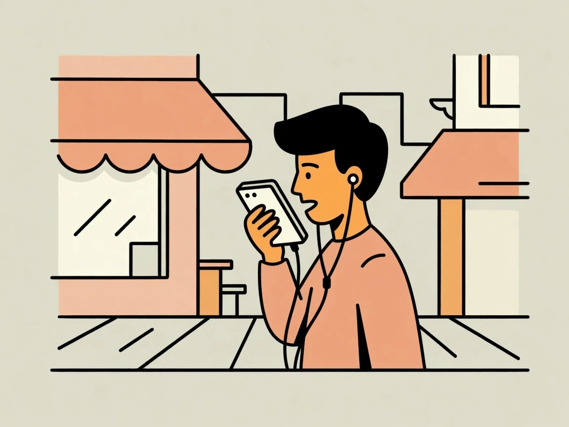 A man walking through a city past a café, talking into his phone, with earbuds connected to the phone.