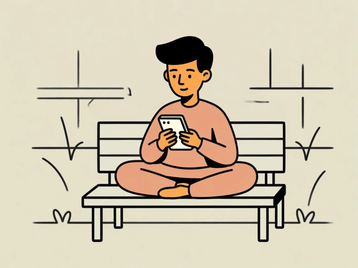 A person sits on a bench in a lotus position, relaxed and almost meditative, while calmly using the app.