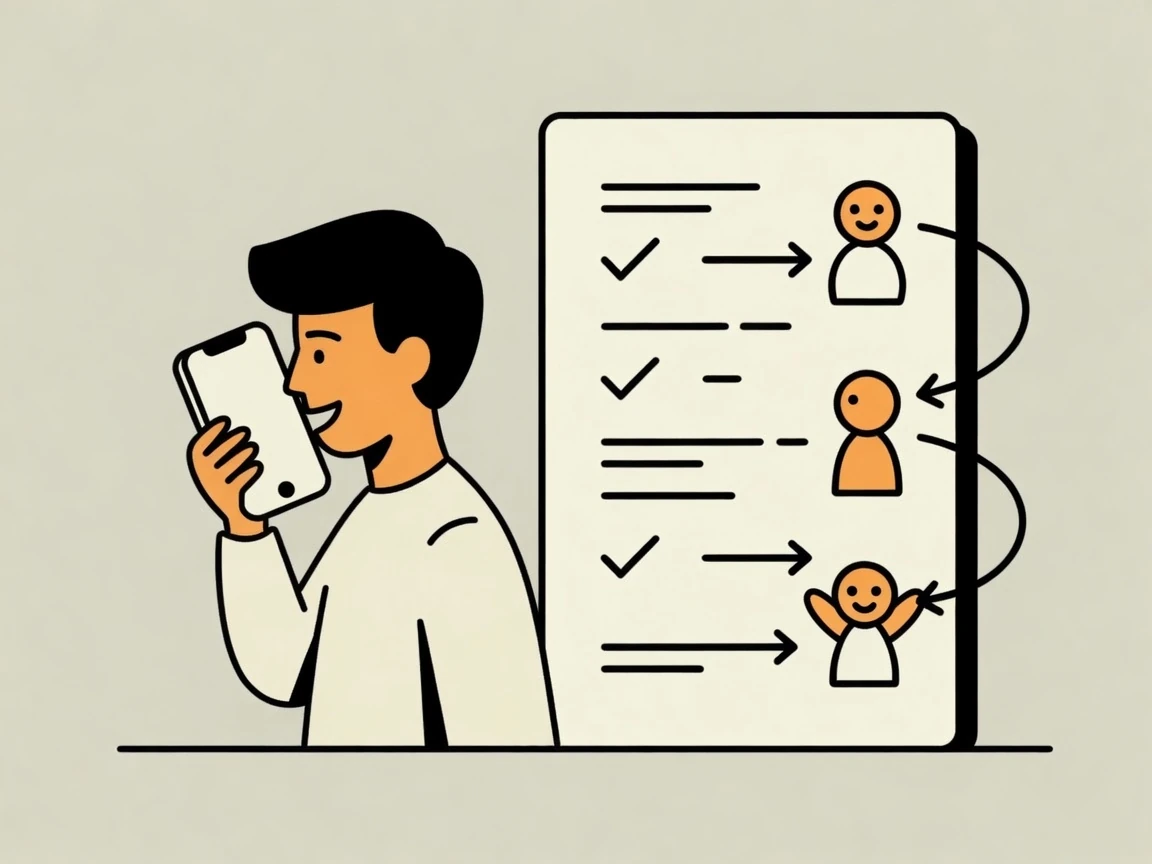 On the left, a person speaks to their phone. Their words flow into a large central living document. On the right, two or three AI-agent figures work from different parts of that document. Their notes, completed items, or changes flow back into the same document. Keep it simple using short lines, checked tasks, and arrows; show no literal code or dense text.