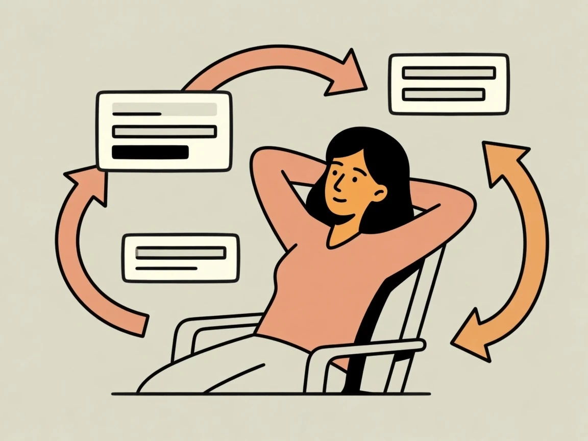 A woman leans back in an office chair, hands behind her head, relaxed while recurring work continues in the background.